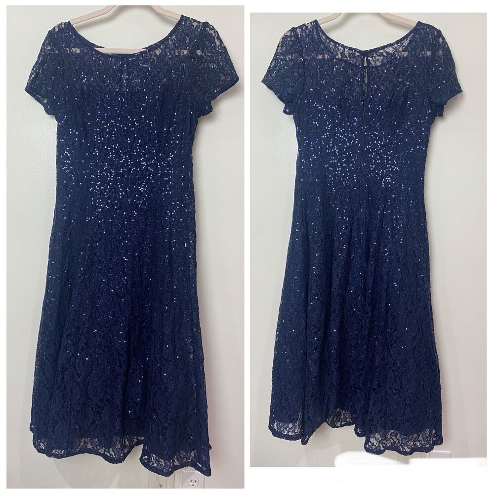SLNY Sz 8 Navy Blue Sequin Lace Lined Cocktail Dress 6 Wedding Cocktail Party